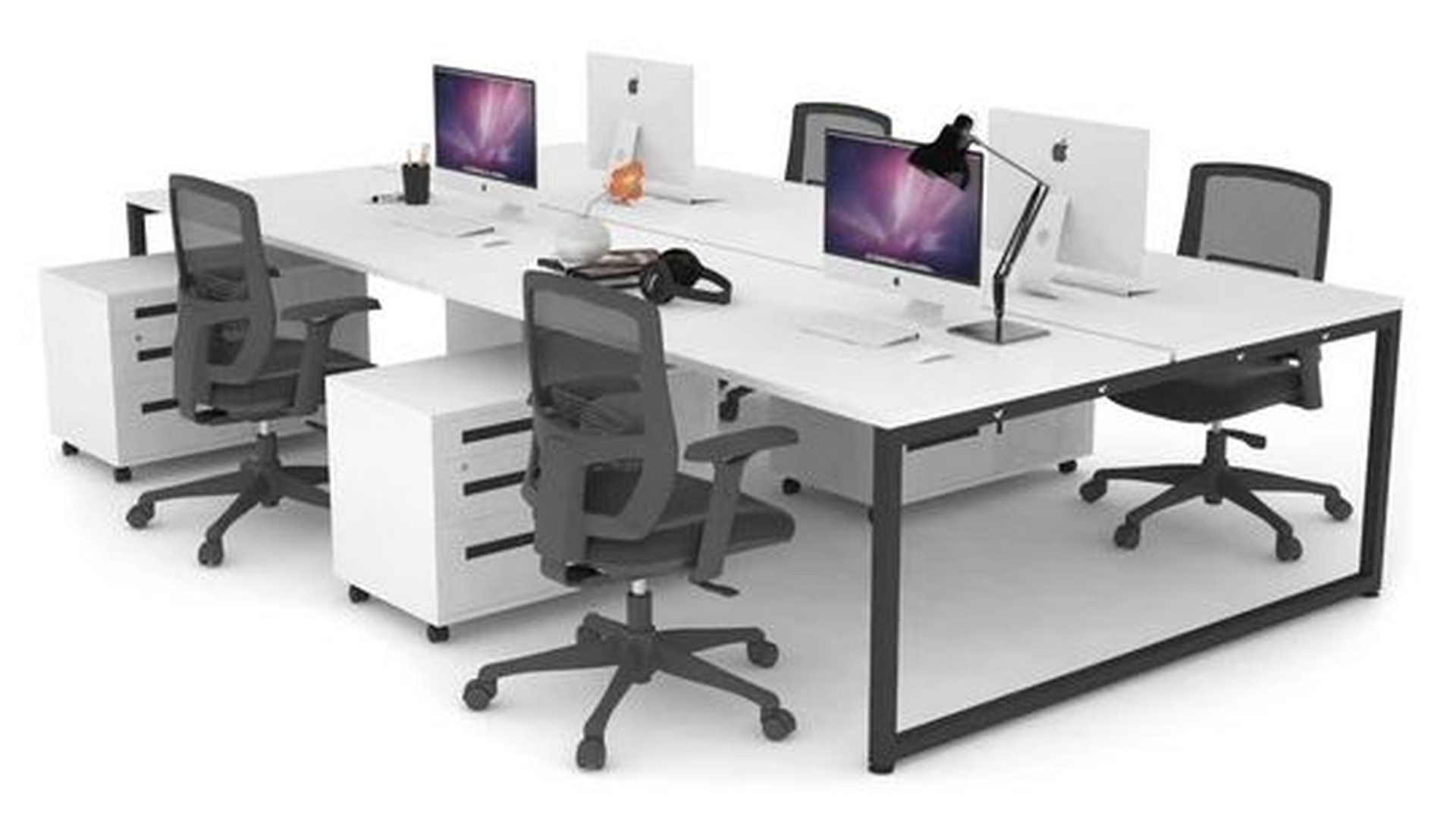 4-Person Linear Workstation Cluster with Mobile Pedestals
