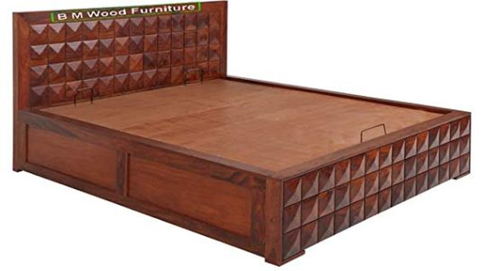Solid Wooden Hydraulic Storage Bed with Textured Geometric Headboard