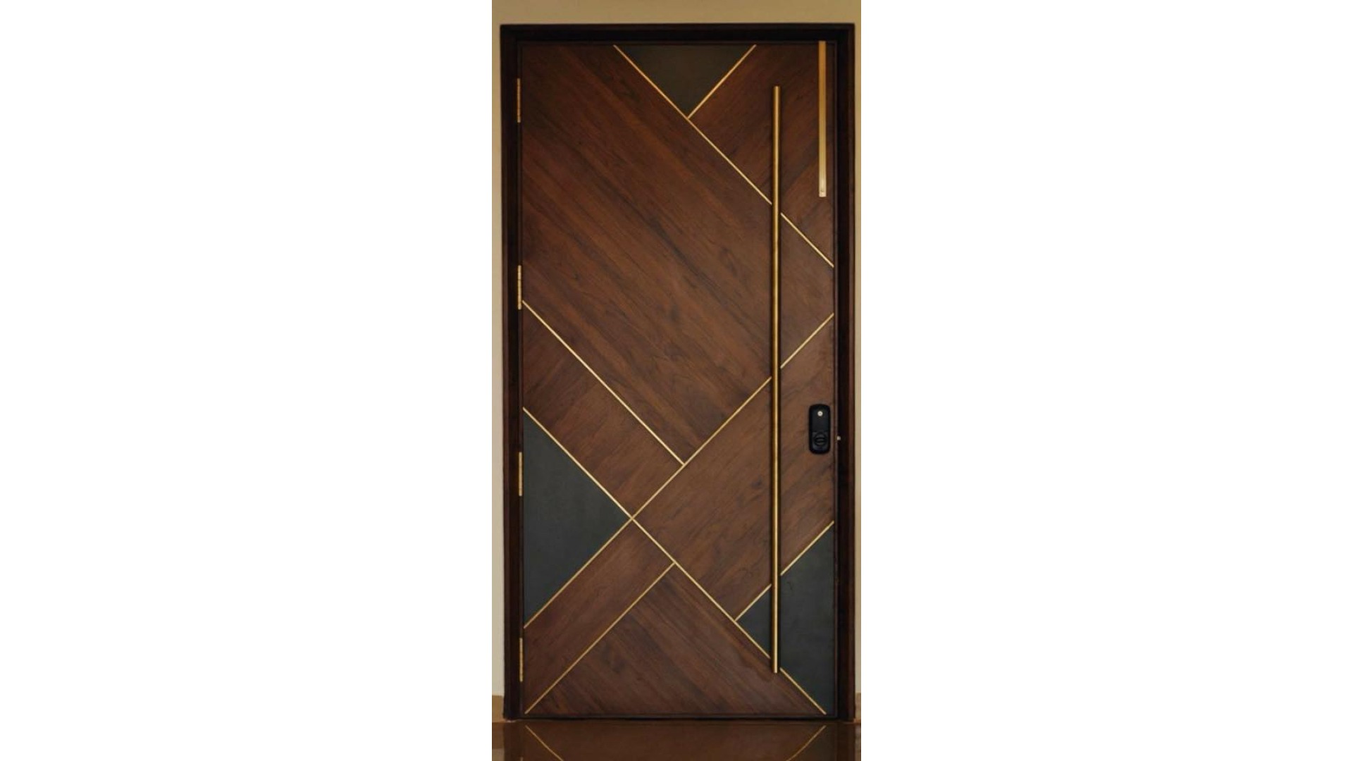 Abstract Geometric Walnut Door with Brushed Brass Inlay & Digital Lock