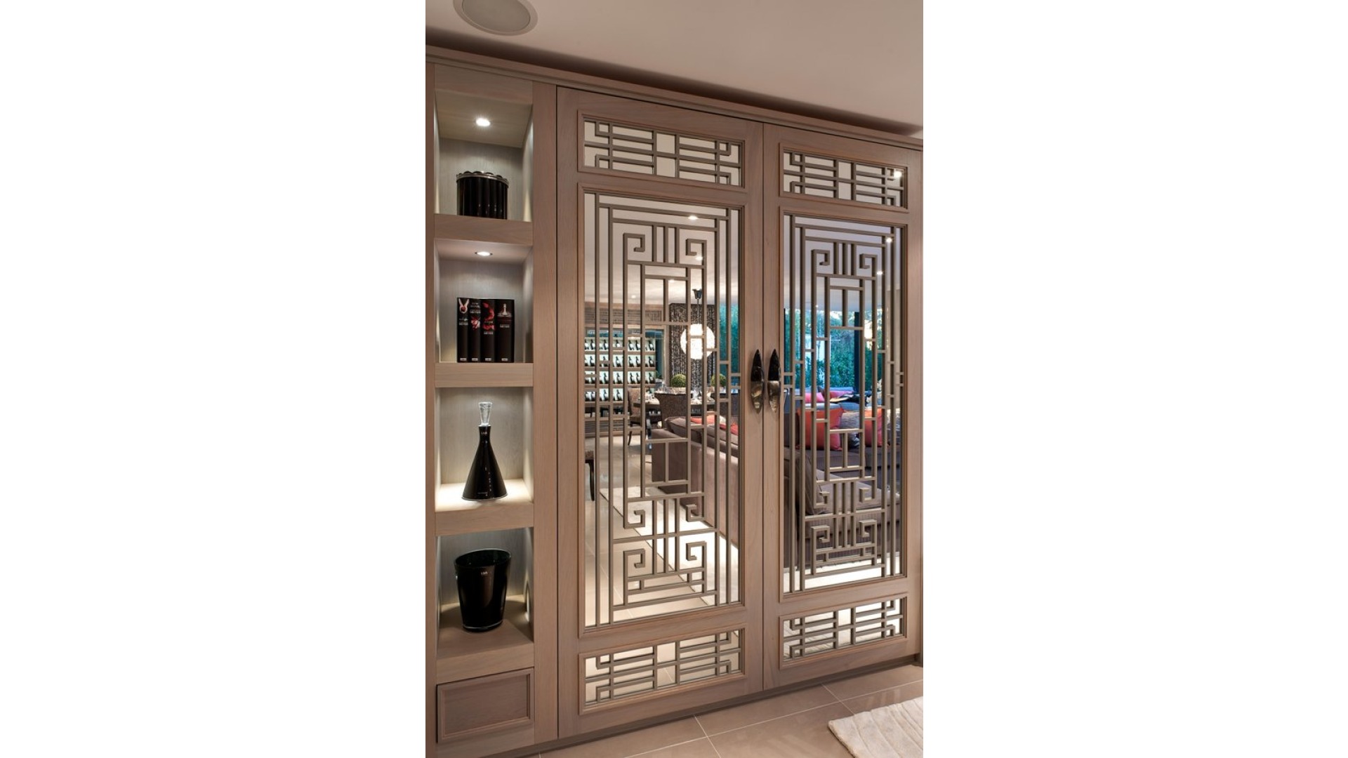 Architectural Double Doors with Geometric Fretwork Timber Lattice
