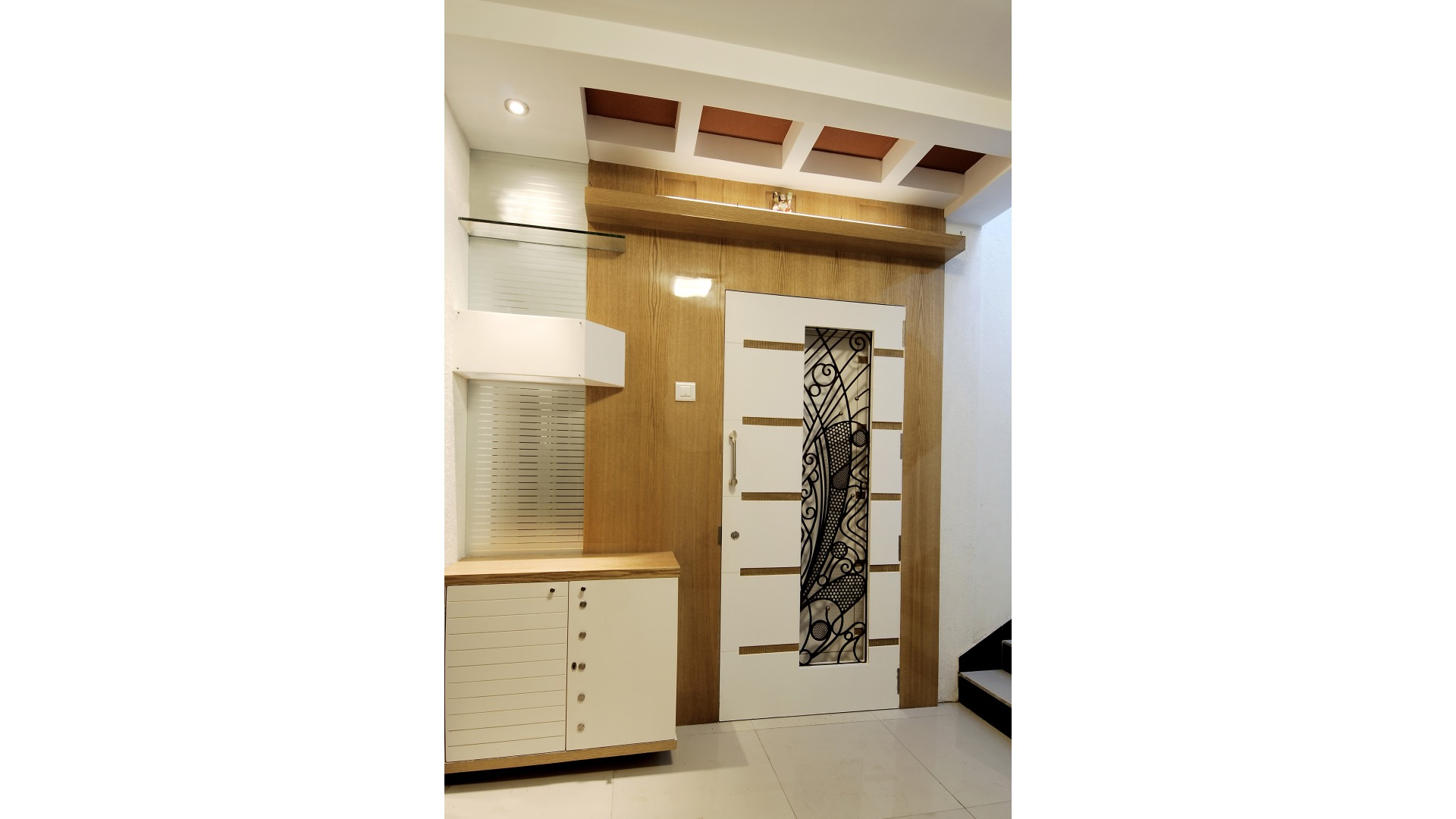 Contemporary White & Timber Safety Door with Wrought-Iron Grill