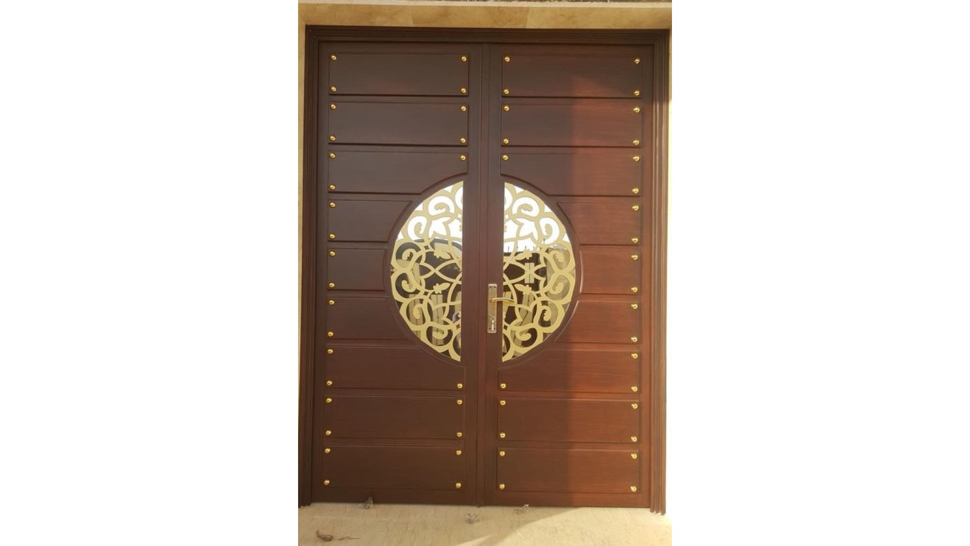 Grand Mahogany Double Entrance Door with Circular Golden Filigree Medallion
