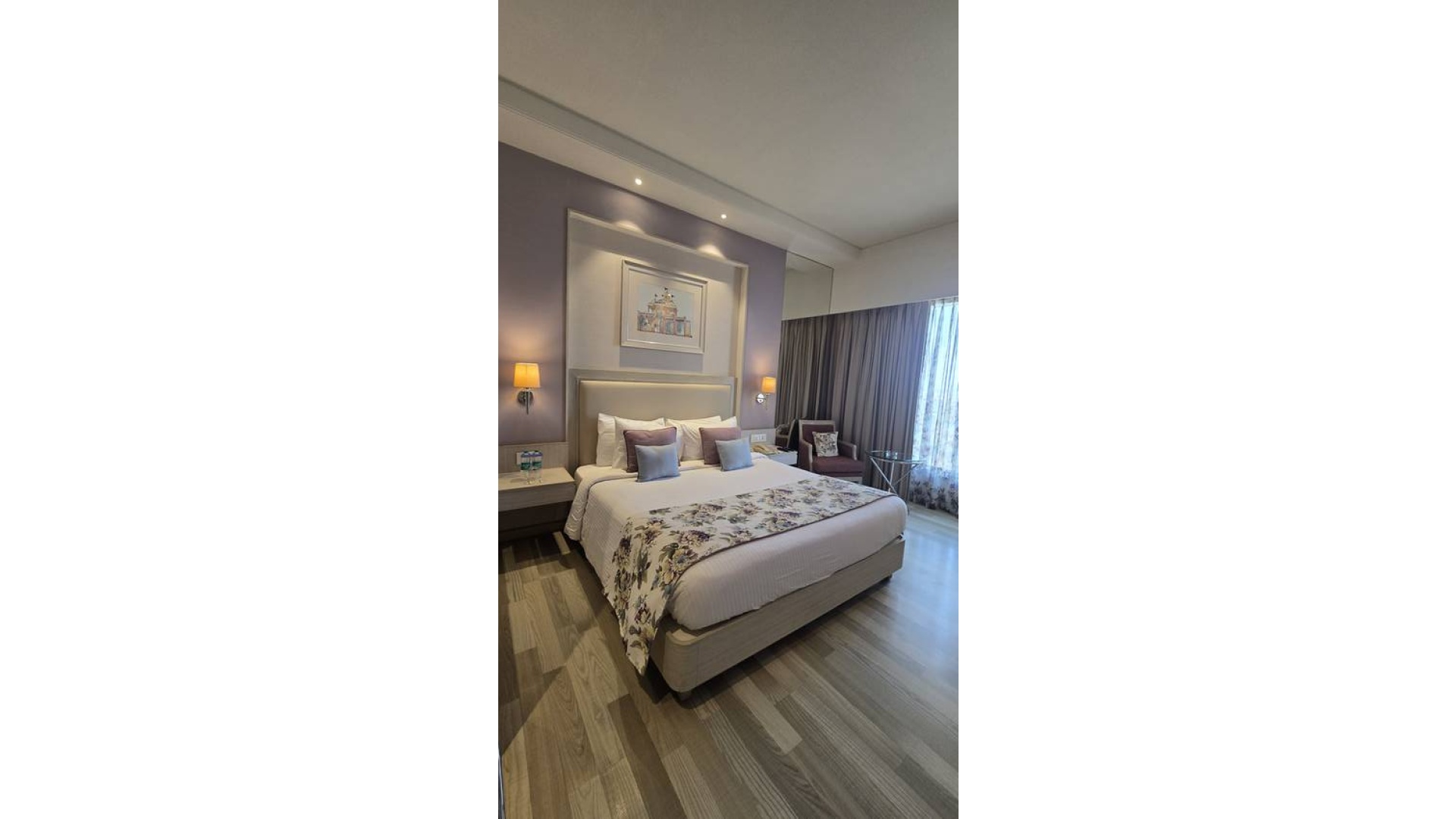 King Bed with Acoustic Upholstered Headboard & Sconce Lighting