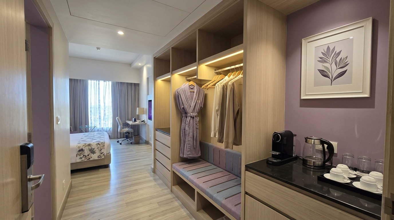 Suite Foyer with LED Modular Wardrobe, Luggage Bench & Minibar Station