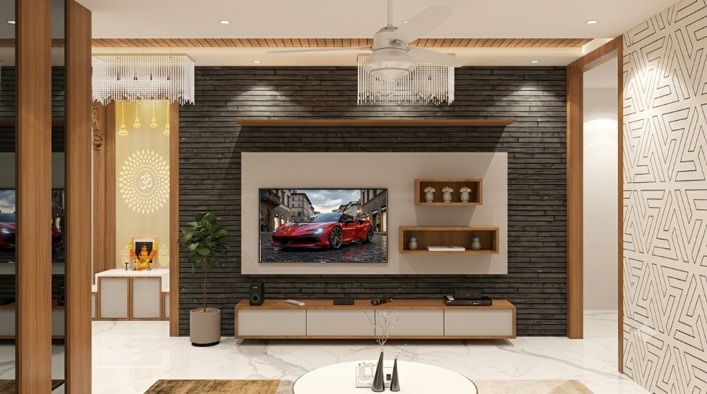 Contemporary Charcoal Stone TV Unit with Floating Credenza & Pooja Mandir Niche