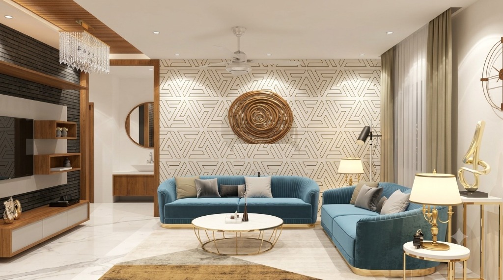 Bespoke Living Lounge Suite with Teal Velvet Sofas & Geometric 3D Wall Art