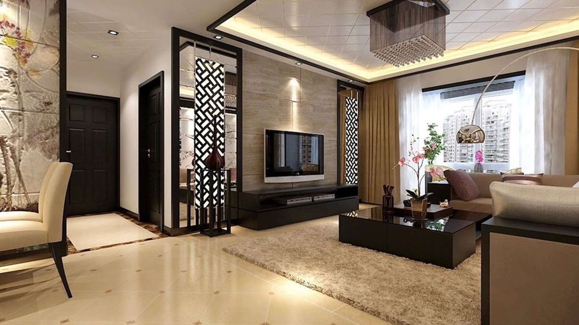 Marble Feature Wall TV Console & Backlit Jali Screens