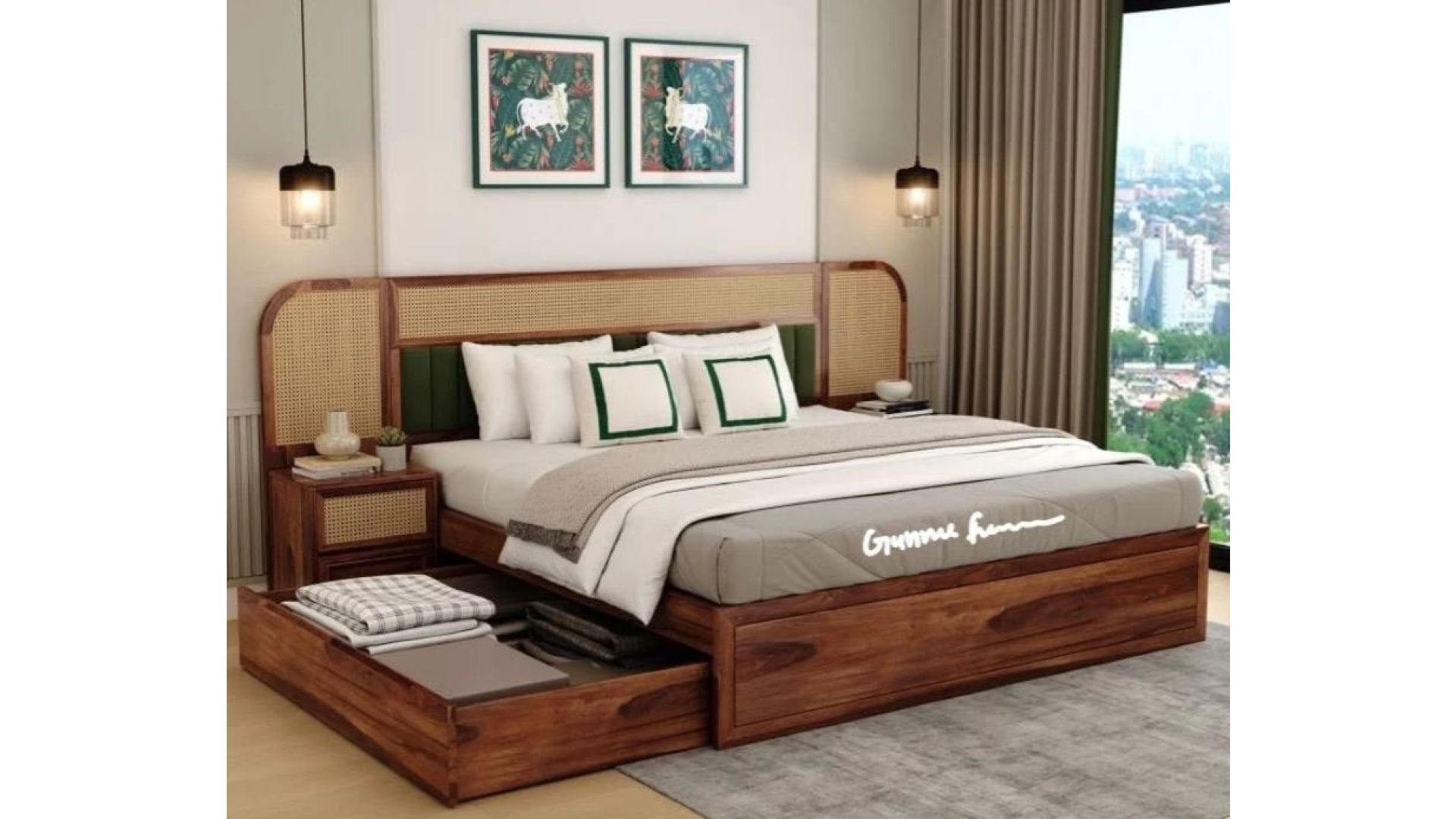 Solid Teak Bed with Cane Webbing Wings & Pull-Out Drawers