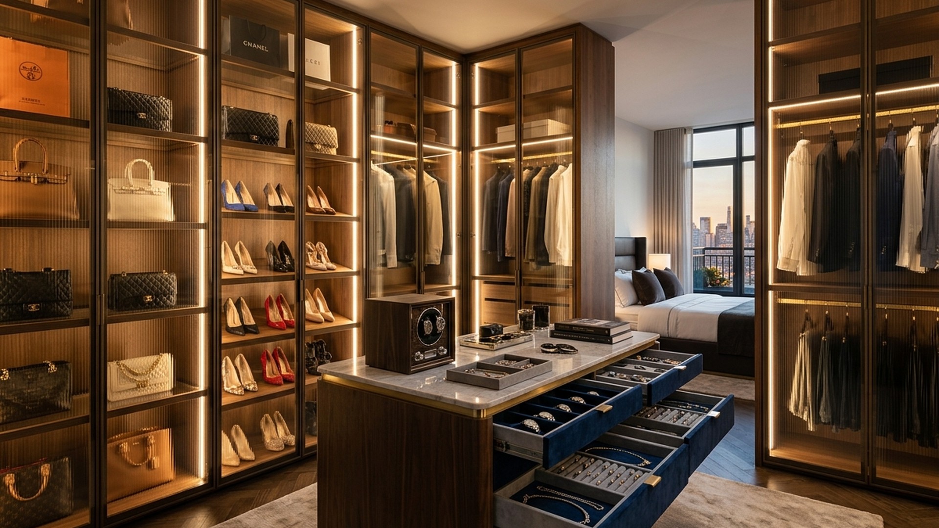 Walk-in Dressing Wardrobe with Fluted Glass & Sensor LEDs