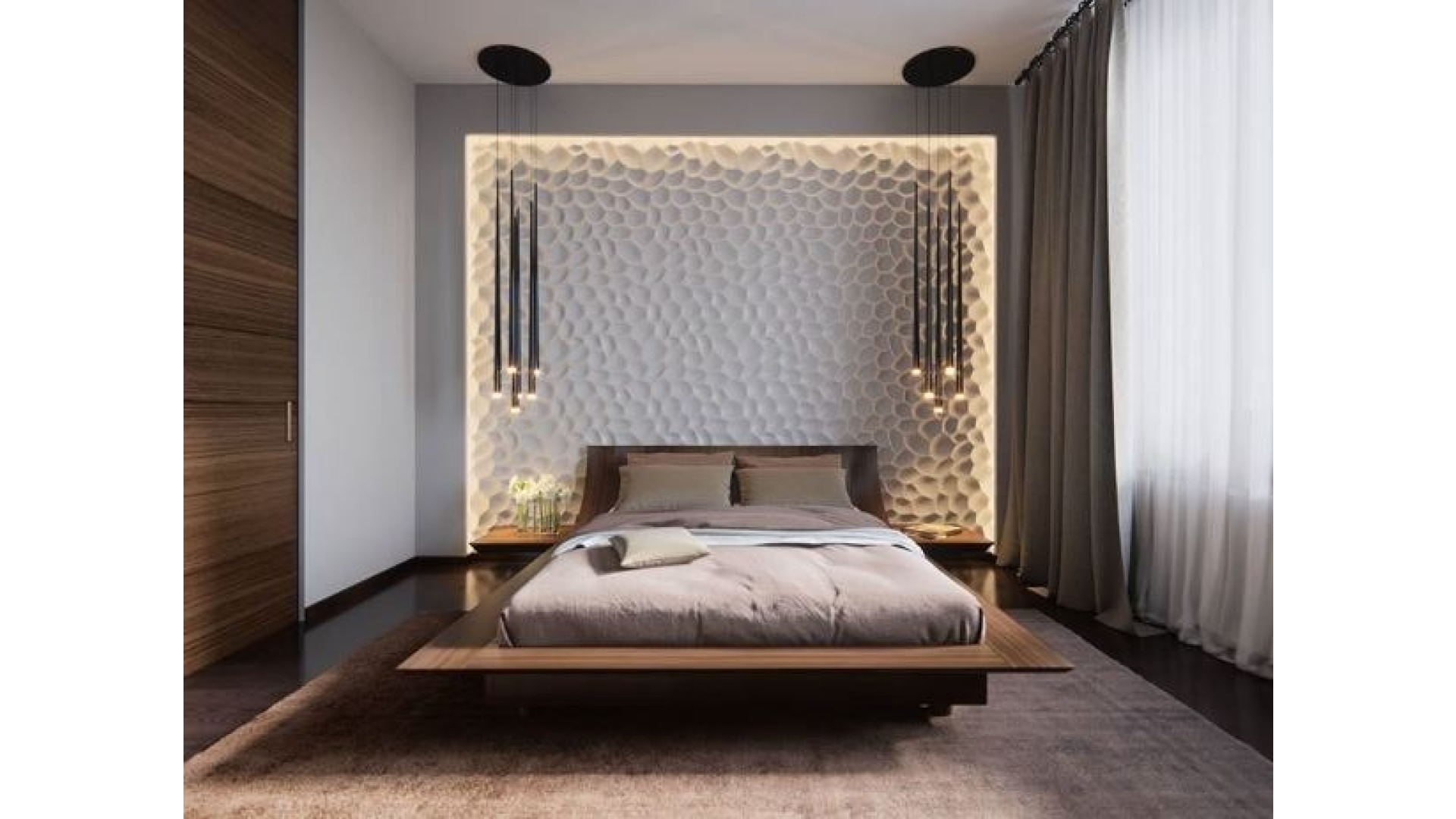 Minimalist Low Floating Platform Bed with 3D Wave Wall