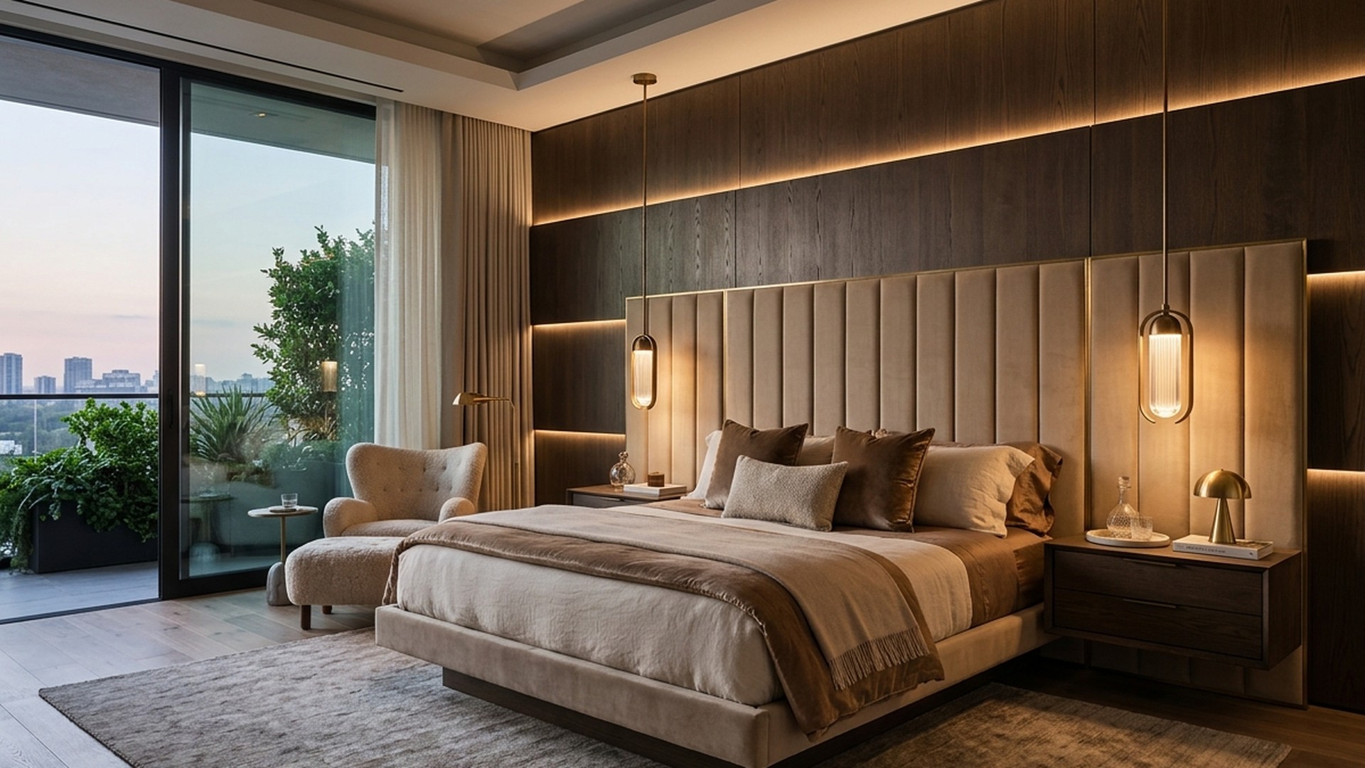 Opulent Master Bedroom with Full-Wall Upholstered Headboard