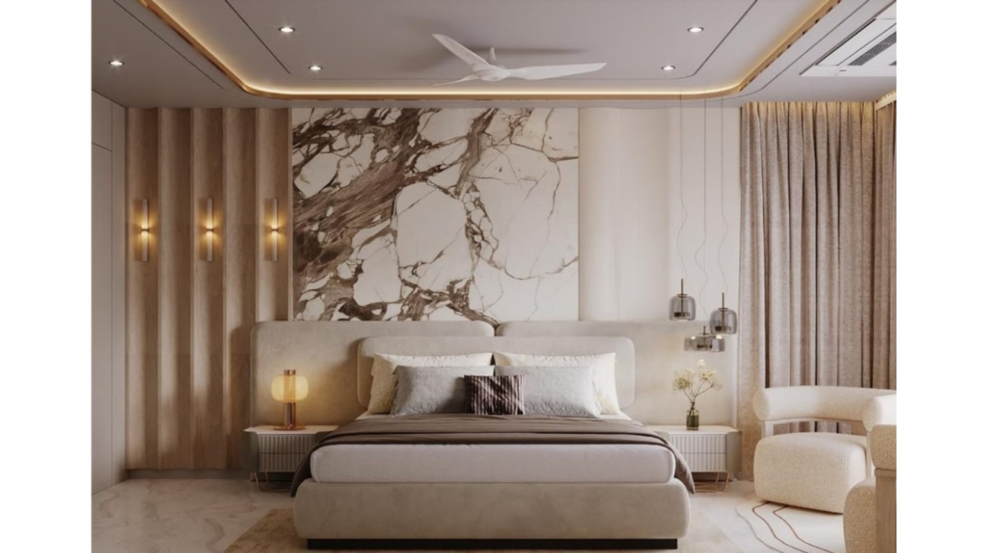Master Platform Bed with Marble Slab & Fluted Wall Louvers
