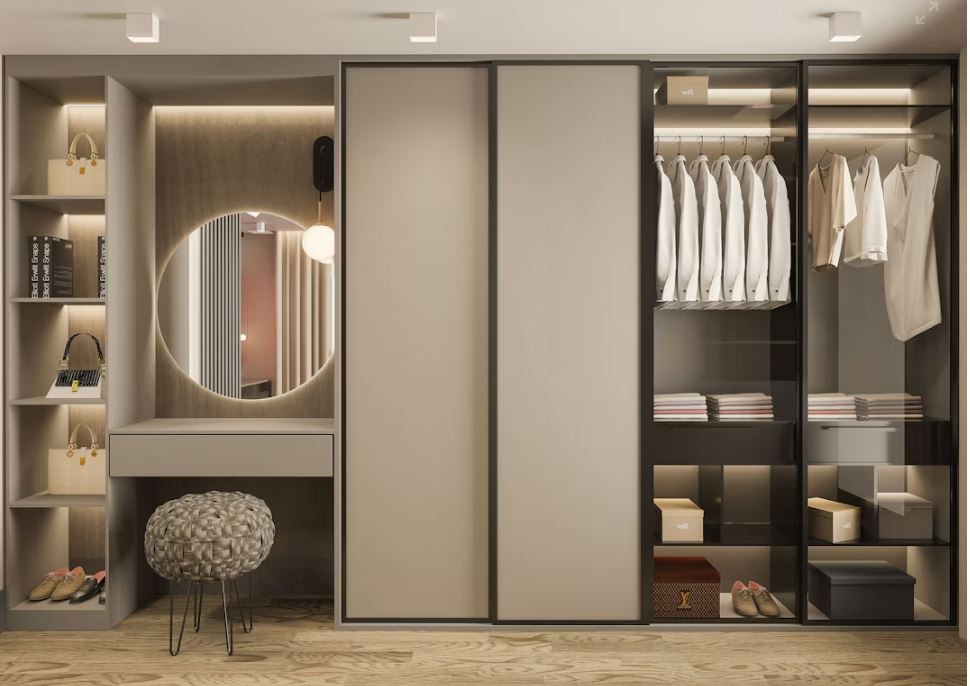 Modern Sliding Wardrobe with Glass Display Bay & Integrated Backlit Vanity Suite