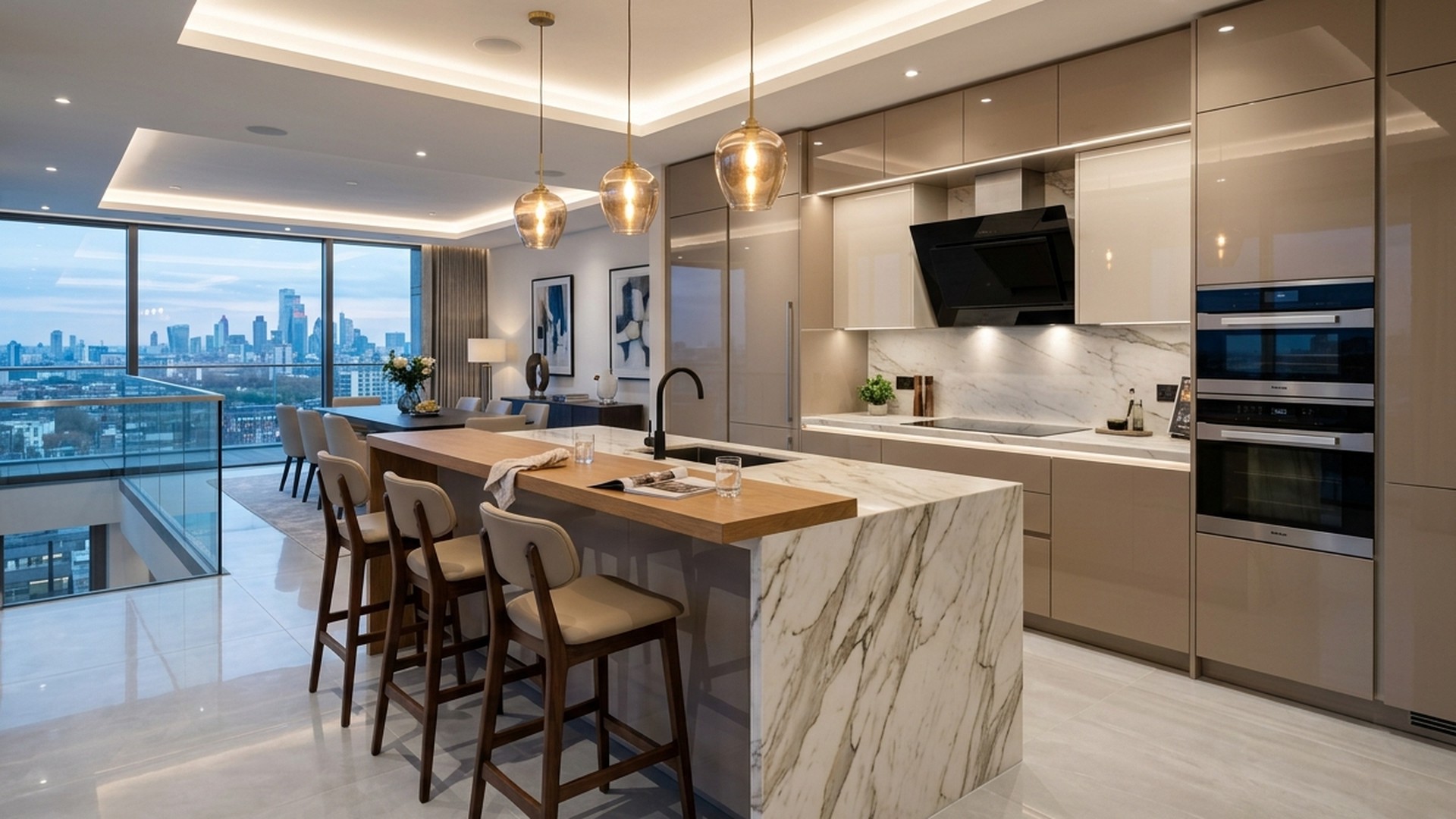 High-Gloss Acrylic Modular Island Kitchen with Breakfast Bar