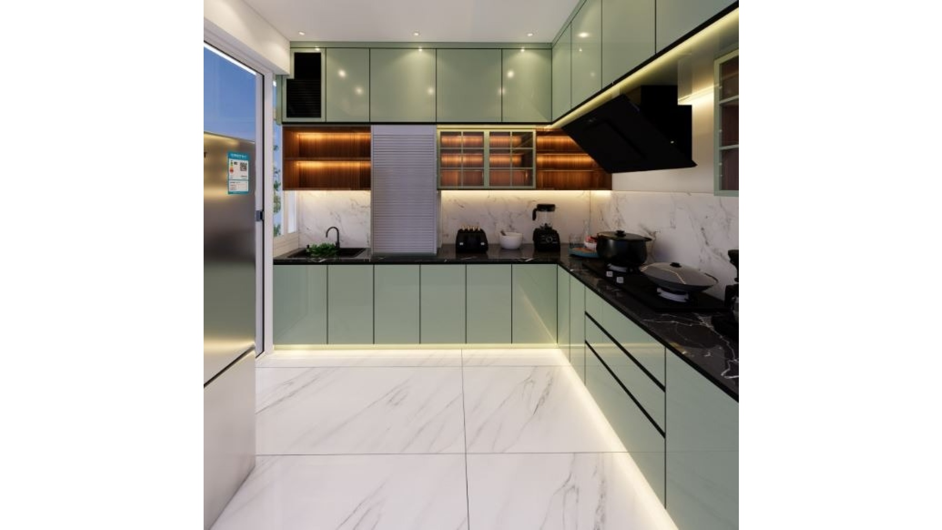 Pastel Sage Green L-Shaped Kitchen with Appliance Garage