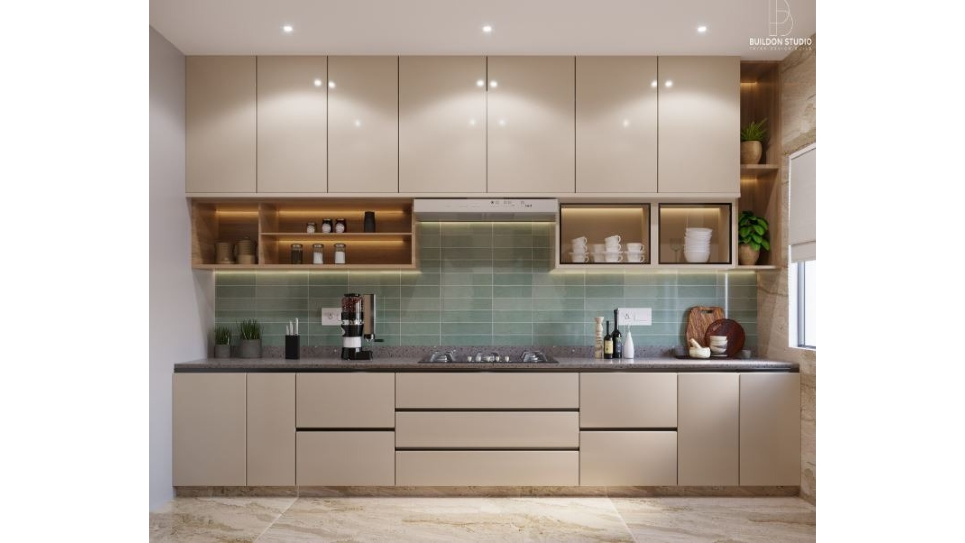Straight-Line High-Gloss Acrylic Kitchen with Subway Tiles
