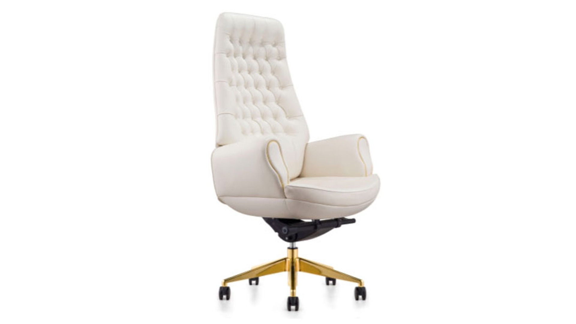 Royal Tufted Ivory Leather Executive Chair with Gold Base