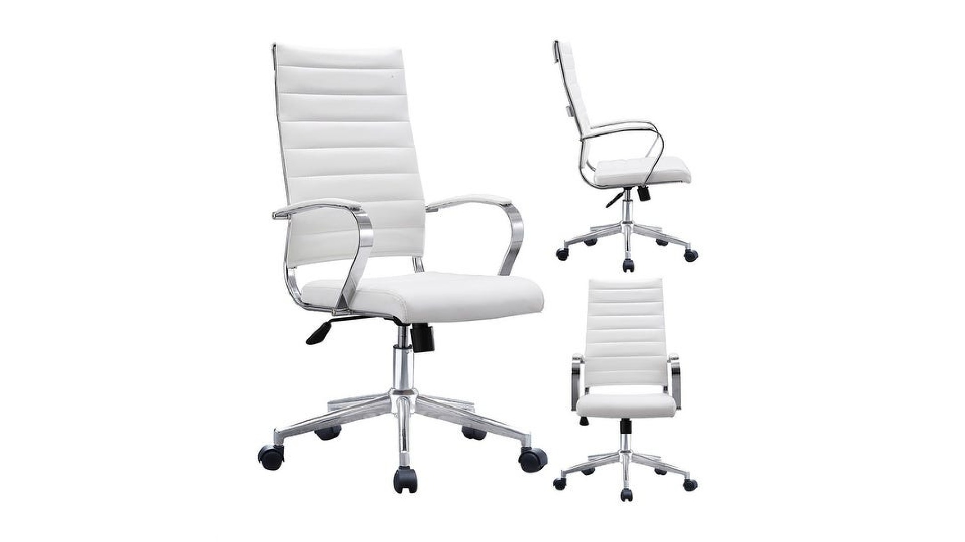 Slim Channel-Ribbed White Leather High-Back Swivel Chair