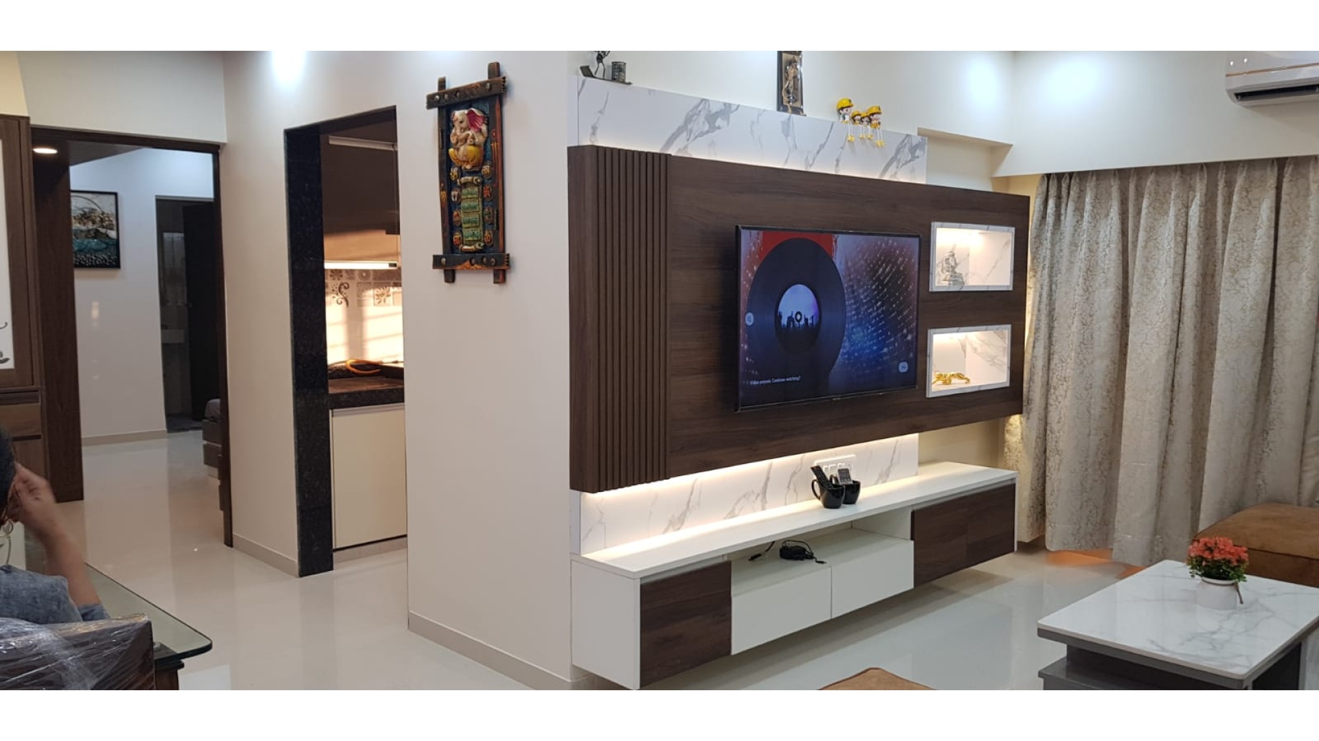 Living Room Fluted TV Feature Wall with Backlit Marble Border