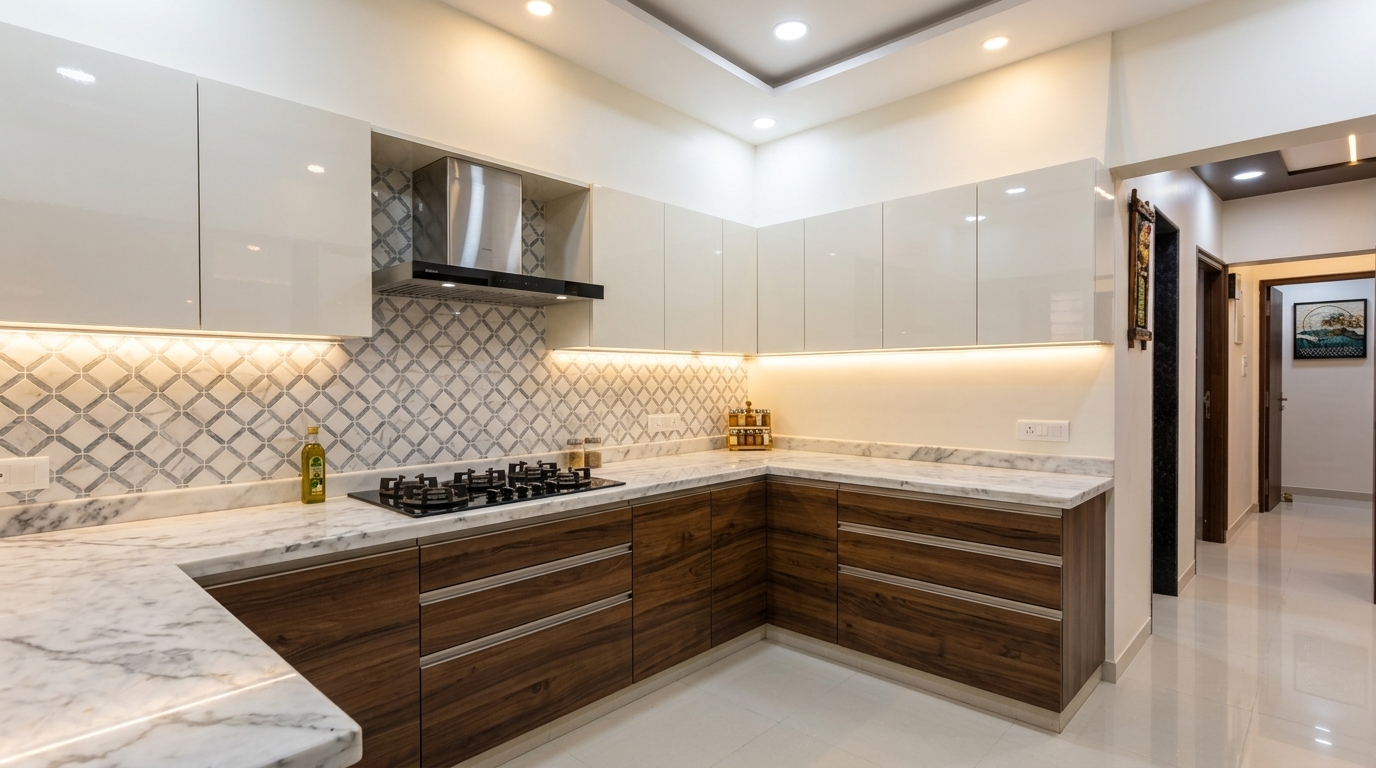 L-Shaped Acrylic Modular Kitchen with Built-in Hob & Under-Cabinet LEDs