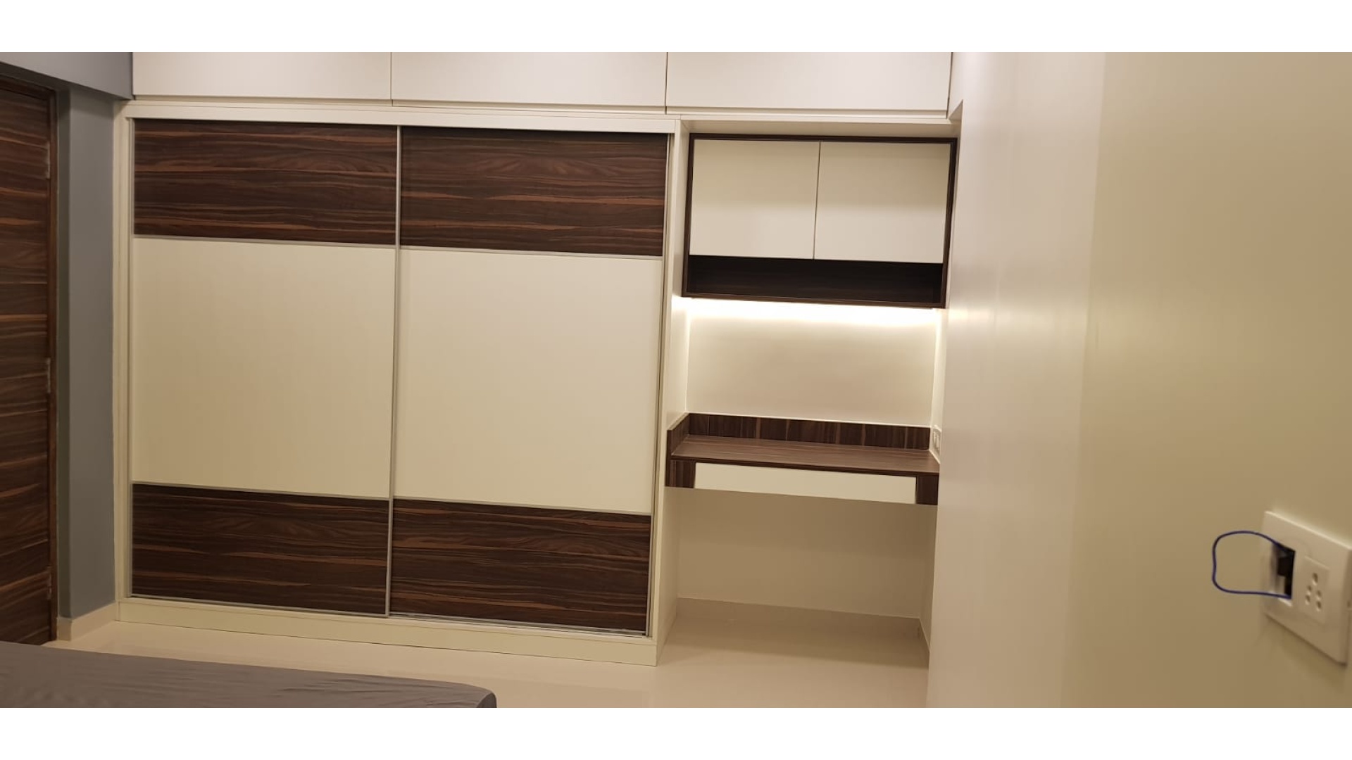 Two-Tone Gloss White & Walnut Wardrobe with Built-In Dressing Desk