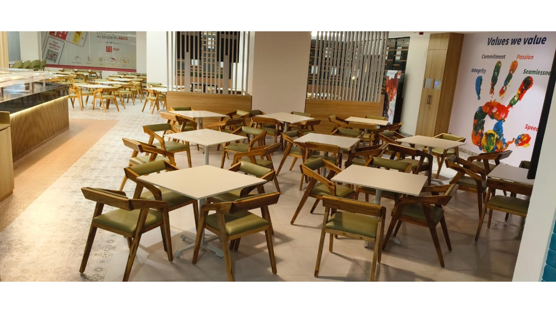 Central Dining Clusters with Bespoke Wooden Chairs & Timber Louvers