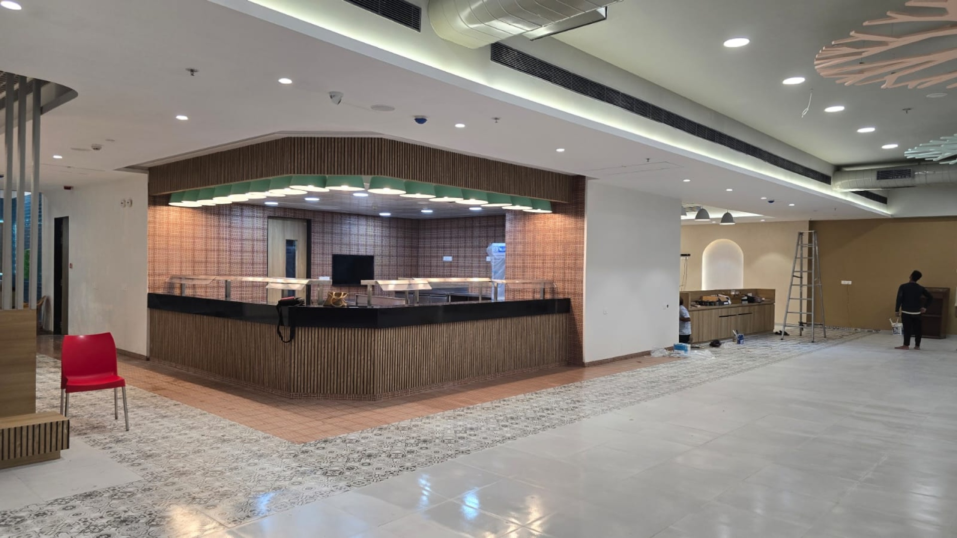 Curved Timber-Louvered Island Food Counter with Granite Top & Sneeze Guard