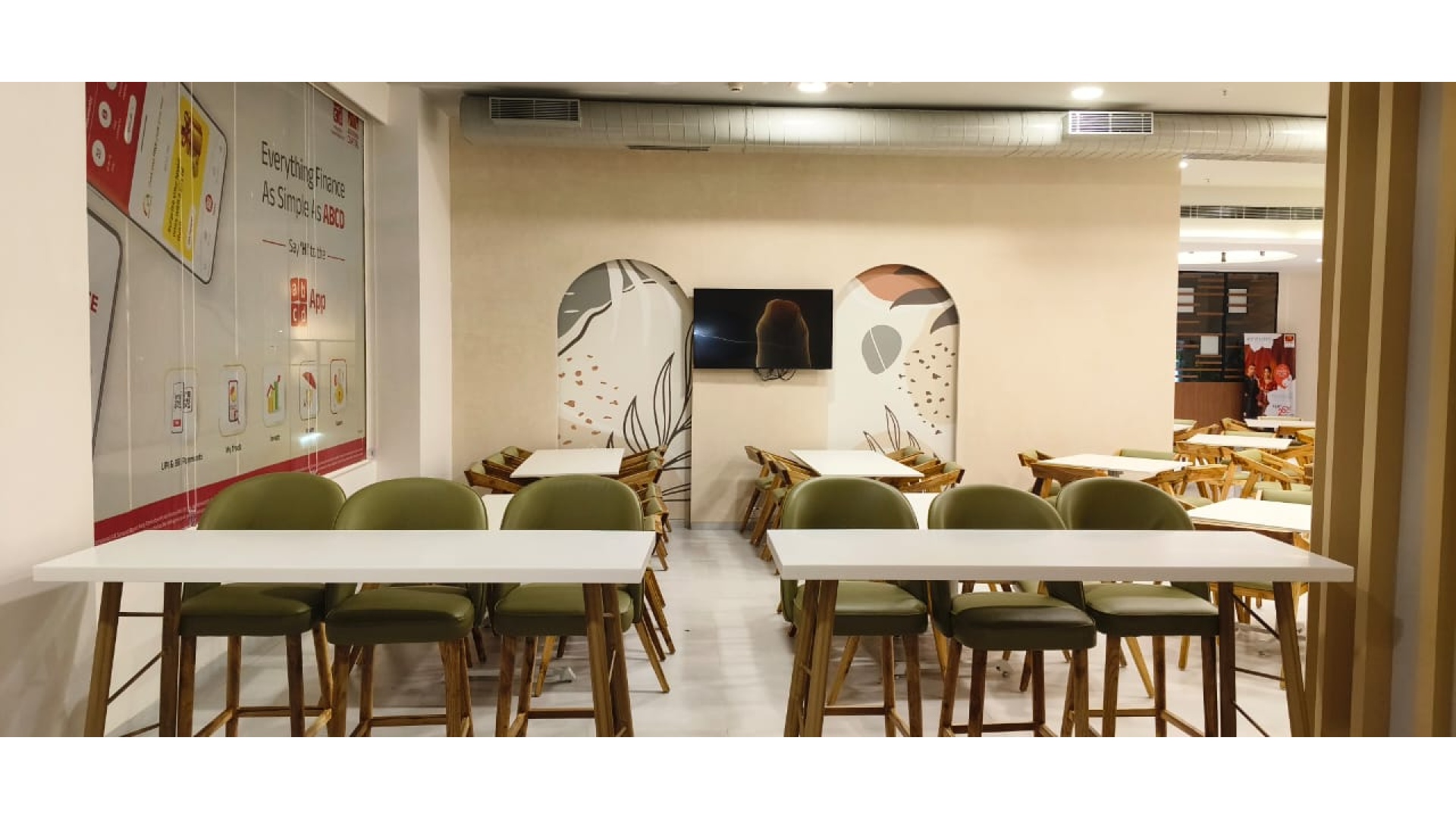 High Bar Counter Dining with Olive Stools & Botanical Wall Alcoves
