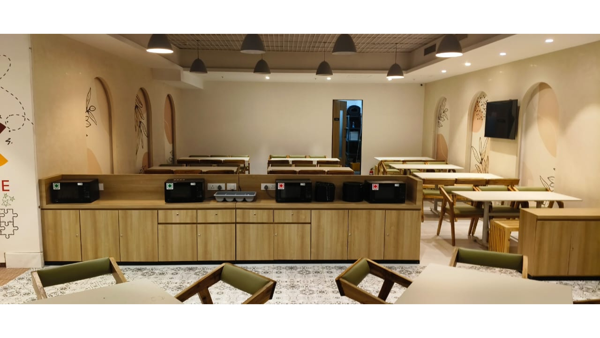 Self-Service Microwave Pantry Counter with Dome Pendant Lights