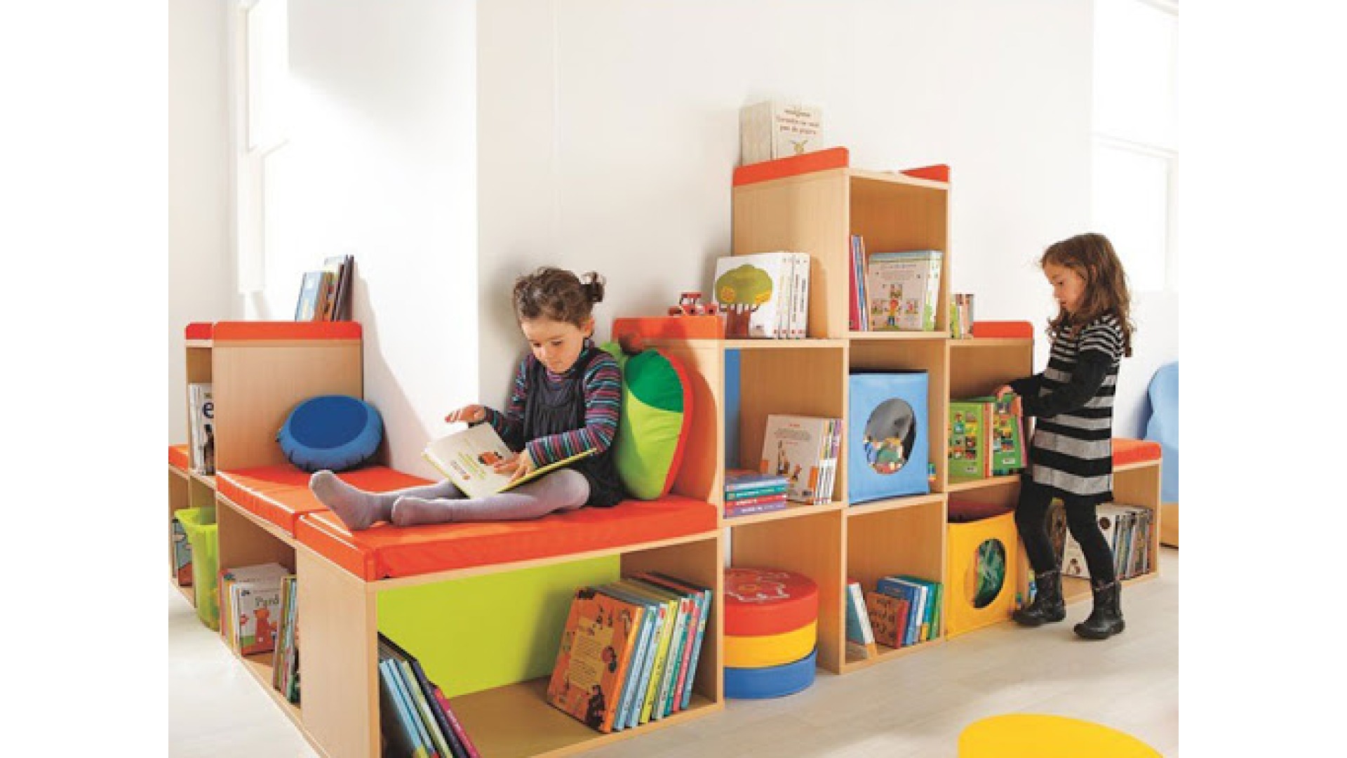 Modular Open Cube Library Organizer with Built-In Bench Nook